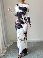 Women's Floral Print Asymmetrical Neck Dress, Elegant Long Sleeve Long Dress for Party Holiday Wedding Guest, Ladies Summer C...
