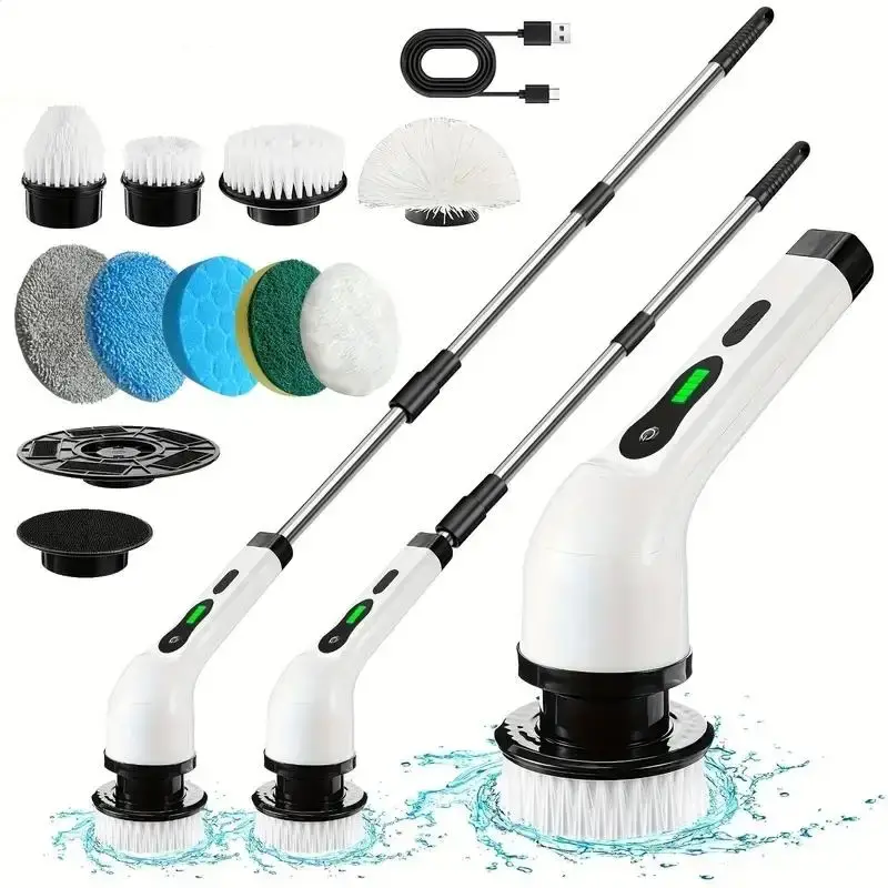 Electric Cleaning Brush, 1 Set USB Rechargeable Electric Rotary Floor Scrubber, Wireless Electric Rotary Scrubber with 9pcs B...