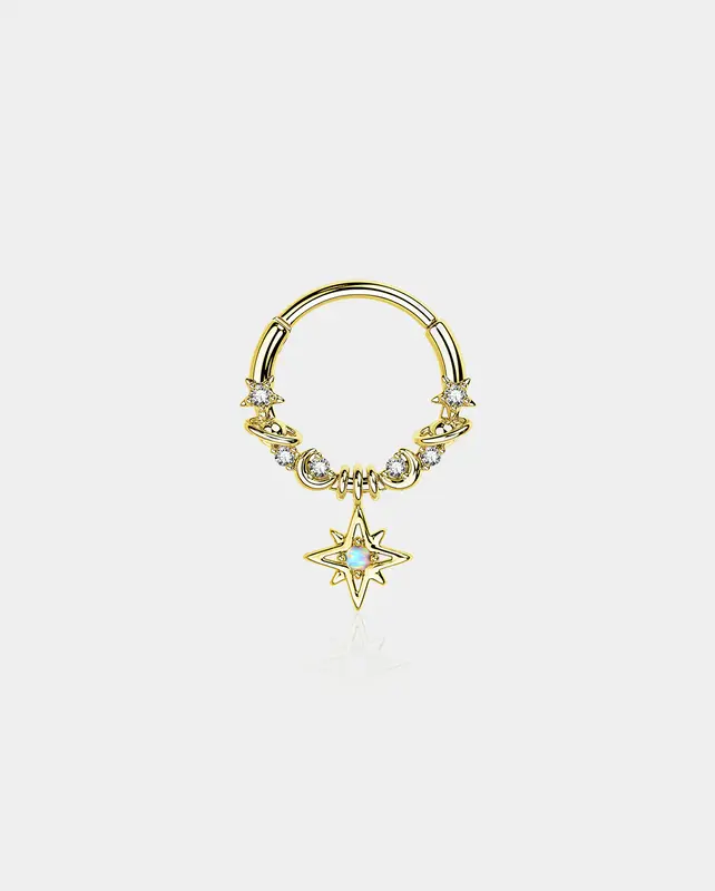 Star Moon Planet Dangle Septum Ring - Gold / 10mm