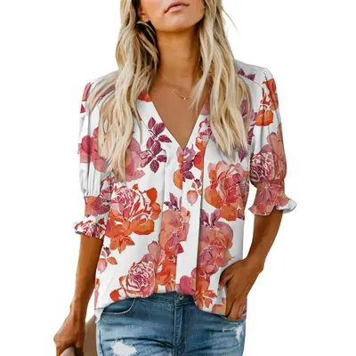 EVALESS Womens V Neck T Shirts Tops Casual Ruffle Short Sleeve Blouses Boho Floral Graphic Solid Lightweight Cute Tee 2025 Wo...
