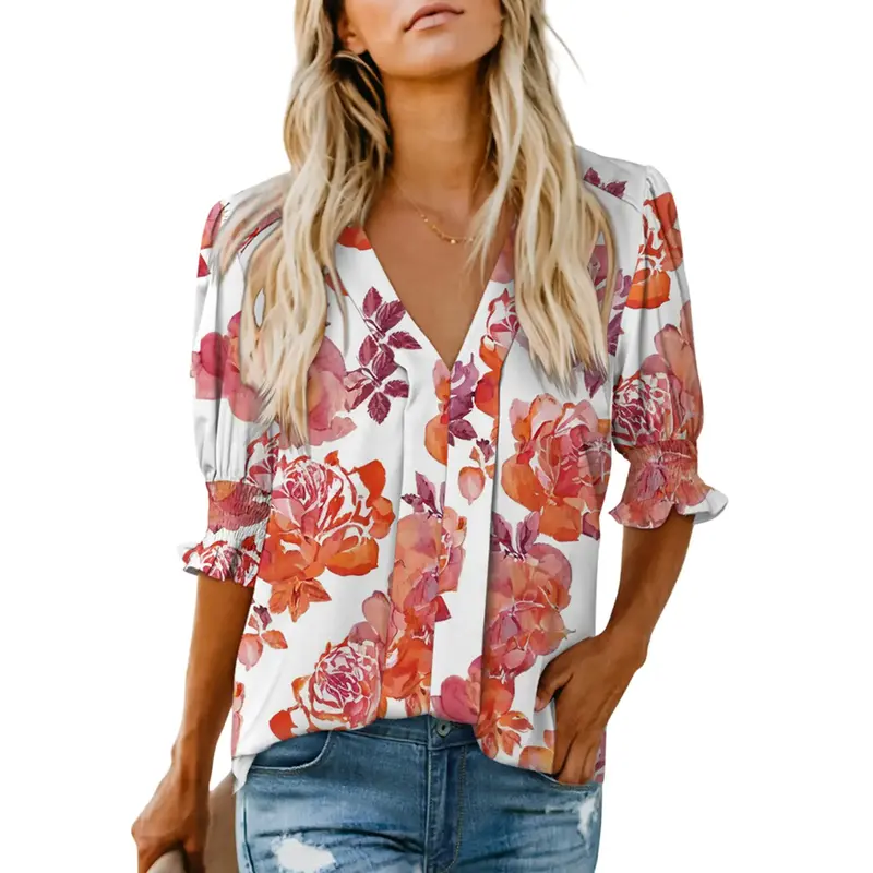 EVALESS Womens V Neck T Shirts Tops Casual Ruffle Short Sleeve Blouses Boho Floral Graphic Solid Lightweight Cute Tee 2025 Wo...