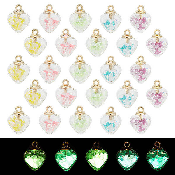 60Pcs 5 Colors Luminous Glow in the Dark Glass Wish Bottle Pendants