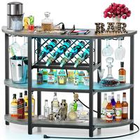 Bar Table Cabinet with Power Outlet, LED Home Mini Bar Cabinet for Liquor, Metal Wine Bar Stand with 4-Tier Storage, Easy to ...