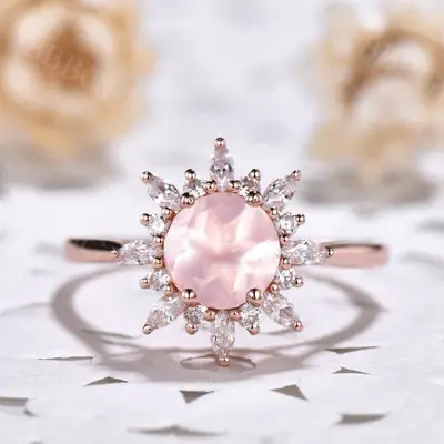 Plain Gold Band Floral Rose Quartz Moissanite Engagement Ring Rose Gold