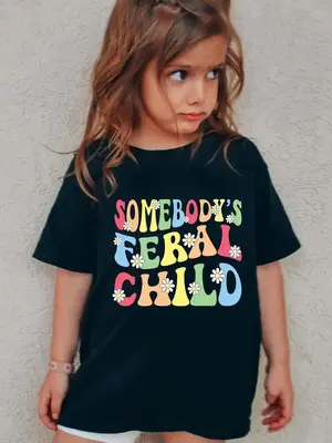 Girl's Letter & Floral Print Round Neck Tee, Casual Graphic Short Sleeve T-shirt for Summer, Kids Clothes for Daily Wear, Gir...