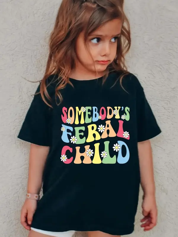 Girl's Letter & Floral Print Round Neck Tee, Casual Graphic Short Sleeve T-shirt for Summer, Kids Clothes for Daily Wear, Gir...