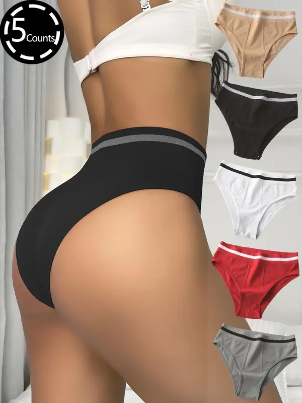 Women's Striped Print High Waist Knicker, Comfy Breathable Seamless Panty for Daily Wear, Women's Underwear Bottoms for All S...
