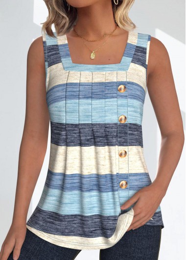 Modlily Light Blue Button Striped Sleeveless Square Neck Tank Top - XL