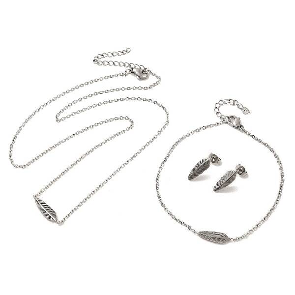 304 Stainless Steel Feather Pendant Necklaces & Bracelets & Stud Earrings Sets for Women