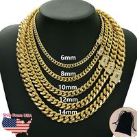 Miami Cuban Link Chain Necklace with CZ Clasp 14 Golden Stainless Steel Iced Out Hip Hop Punk Jewelry for Men/ Women