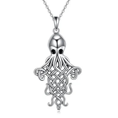Sterling Silver Two-tone Cubic Zirconia Octopus & Celtic Knot Pendant Necklace