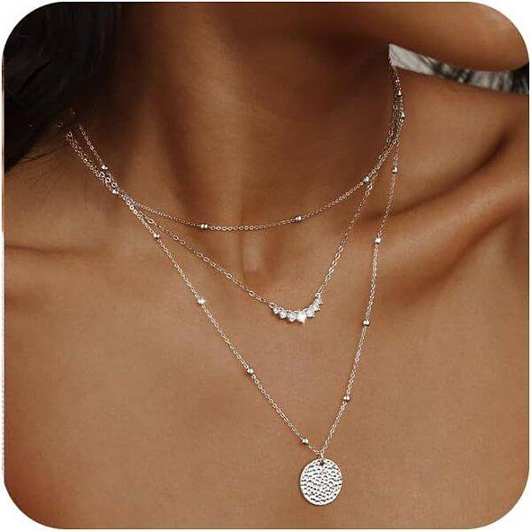 3Pcs Brass Disc Pendant 3 Layer Necklaces for Women