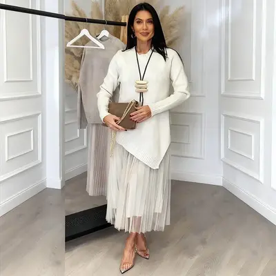 Women’s Irregular Sweater & Pleated Tank Midi Dress 2-Piece Set