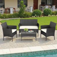 【#FathersDayGift】4-Piece Outdoor Wicker Patio Furniture Set with Cushions & Wooden Table, Lawn Backyard Conversation Set
