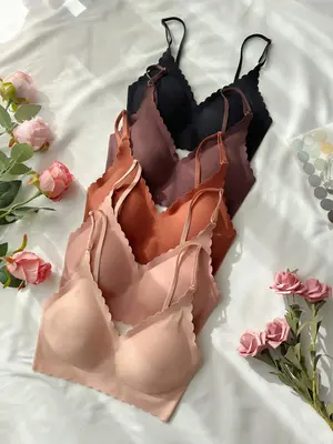 Women's Solid Scallop Trim Wireless Bra, Casual Comfortable Breathable Push Up Lingerie for Daily Wear, Women's Lingerie for ...