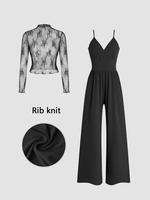 Women's Solid Lace Tee & Pocket Overalls Jumpsuit Set, Fitted Elegant Zipper Back Cami Jumpsuit & Long Sleeve Top for Dail...