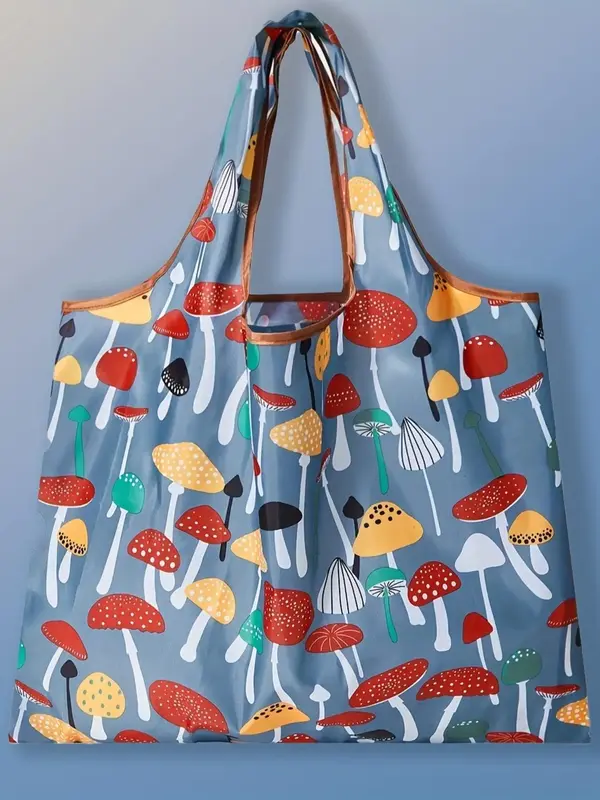 Mushroom Pattern Shopping Bag,  Large Capacity Shoulder Bag for Women, Waterproof Foldable Tote Bag for Outdoor