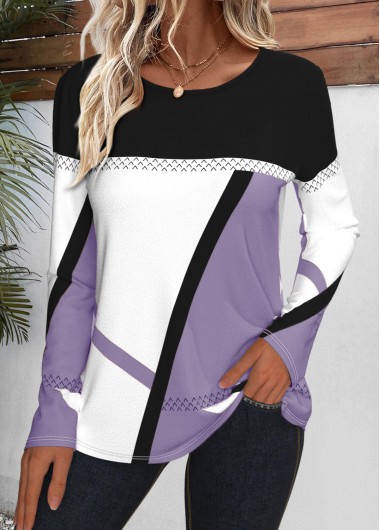 Modlily Light Purple Patchwork Geometric Print Long Sleeve T Shirt - L