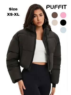 Women's Solid Pocket Zip Up Crop Warm Puffer Jacket, Casual Waterproof Stand Collar Outerwear for Fall Winter,  Puffer Jacket...