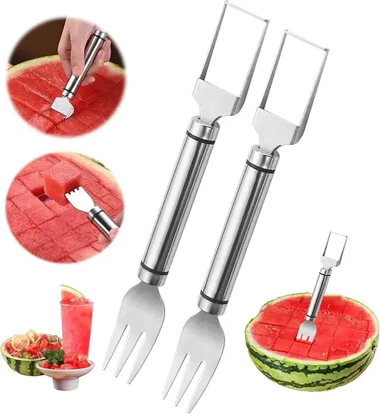 2 Pack Watermelon Slicer Cutter, Stainless Steel 2-in-1 Fruit Cutter & Fork, Easy Clean Kitchen Gadget for Summer Party, BBQ,...