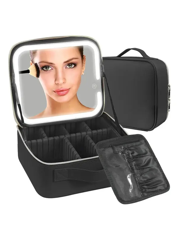 Summer Makeup Travel Bag with LED Lighted Mirror, Makeup Travel Train Case with Adjustable Divider for Beach Holiday Vacation...