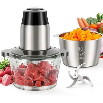 Electric Food Processor & Chopper - 450W Copper Motor with 2 x 8-Cup Bowls, Meat/Vegetable Grinder, 2 Sets of Bi-Level Blades...