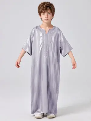 Boys' Striped Print Tunic Robe, Modesty Casual Comfy Short Sleeve Long Robe for Summer, Kids Clothes for Daily Wear, Kids Clo...