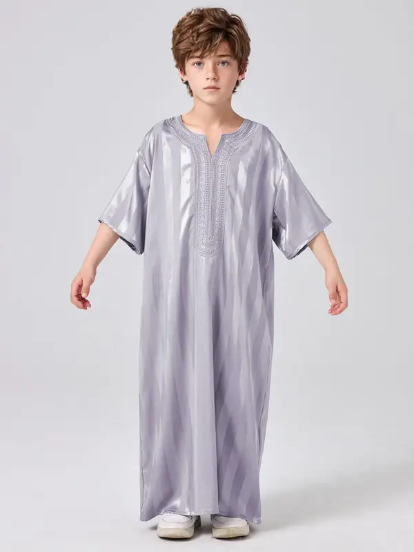 Boys' Striped Print Tunic Robe, Modesty Casual Comfy Short Sleeve Long Robe for Summer, Kids Clothes for Daily Wear, Kids Clo...