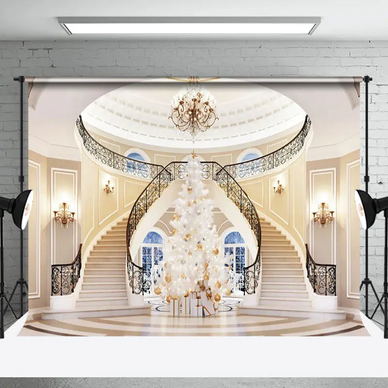 Luxury Villa White Stairs Christmas Tree Backdrop - Aperturee