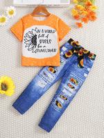 Toddler Girl's Sunflower & Letter Print Round Neck Tee & 3d Denim-effect Print Belted Pants Set, Short Sleeve T-shirt & Trous...