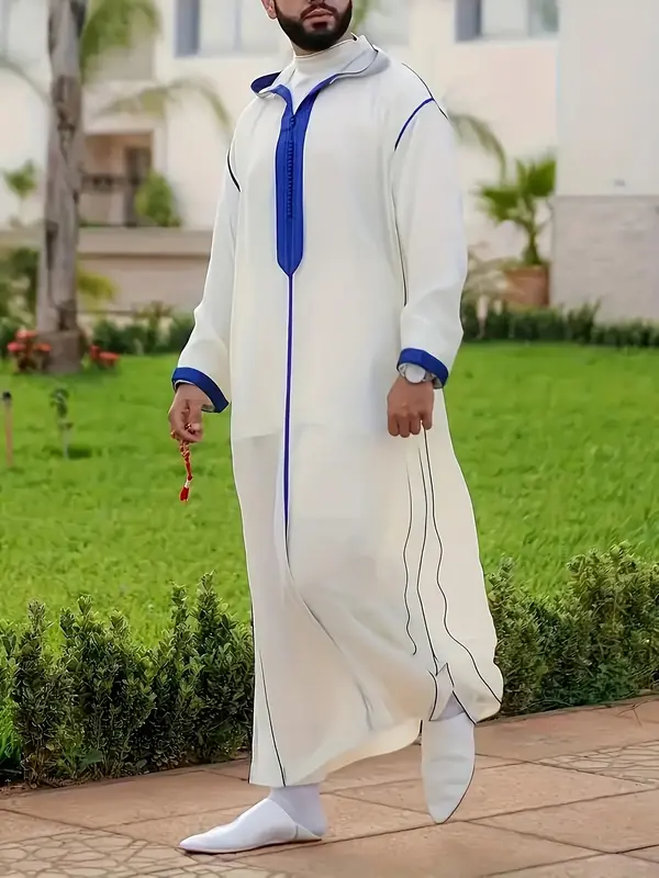 Men's Loose Moroccan Thobe – Modern White Hooded Djellaba with Blue Stripe, Long Sleeve Islamic Robe for Ramadan & Everyday...