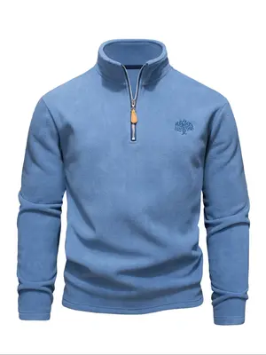 Men's Solid Zip Up Half Placket Fleece Sweatshirt, Regular Fit Casual Long Sleeve Stand Collar Pullover for Outdoor Hiking, M...