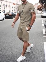Two-Piece Set Men's Contrast Binding Tee & Drawstring Waist Shorts Set, Quality and Comfort Casual Short Sleeve Round Neck ...