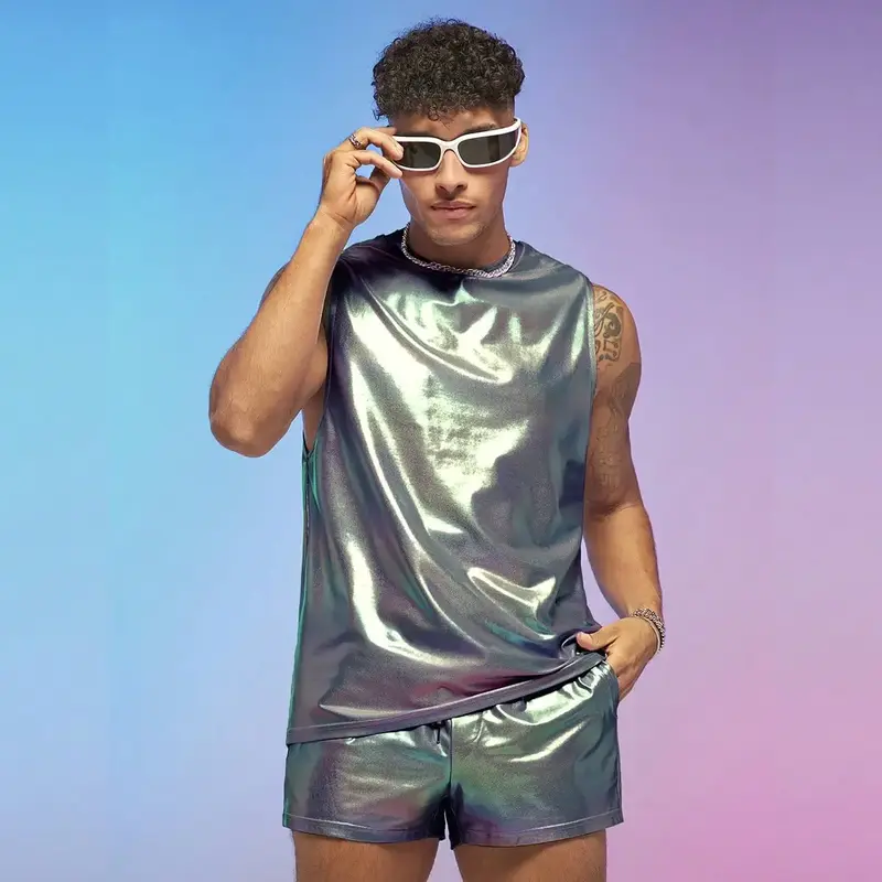 Two Piece Metallic Outfit Sleeveless Tank Top and Short Tracksuit Sets