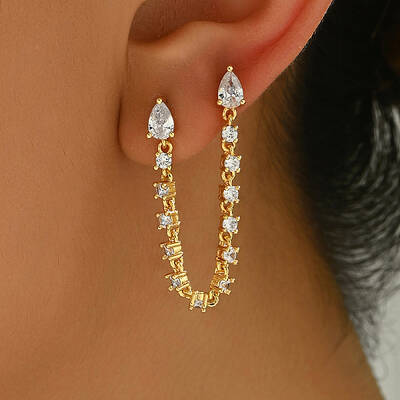 Brass Pave Clear Cubic Zirconia Tassel Stud Earrings