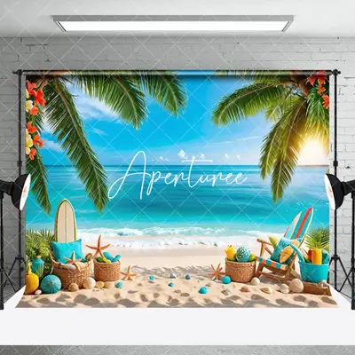 Sandy Beach Palm Tree Starfish Shell Summer Backdrop - Aperturee