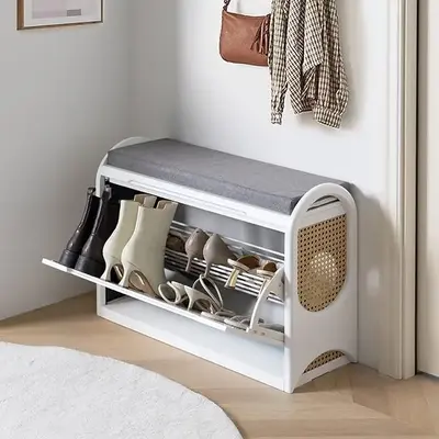 SULIVES Shoe Bench with Storage, Entryway Rattan Shoe Bench with Seating, Boho Design for Hallway & Bedroom, White Storage Ac...