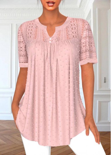 Modlily Pink Lace Short Sleeve Split Neck Blouse - L