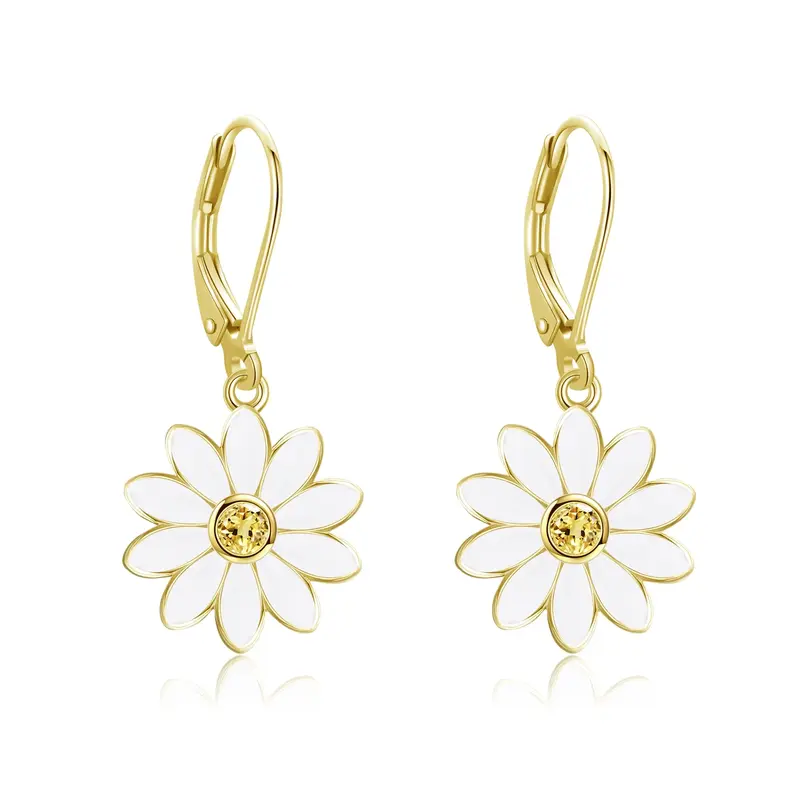 Sterling Silver with Yellow Gold Plated Circular Shaped Cubic Zirconia Daisy Drop Earrings