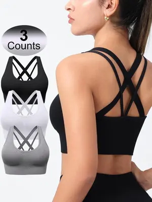 Women's Solid Criss Cross Wireless Sports Bra, Breathable Comfortable Detachable Chest Pad Sports Bra for Yoga Gym Workout, ...