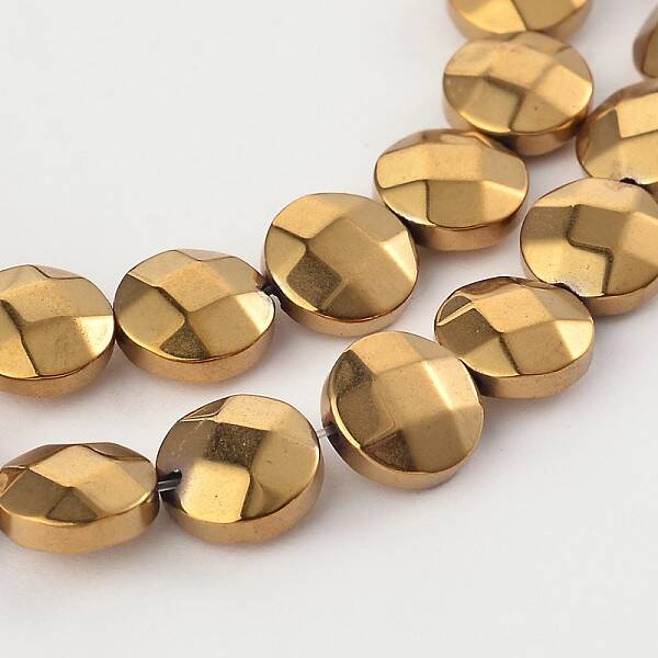 Electroplated Non-magnetic Synthetic Hematite Flat Round Bead Strands