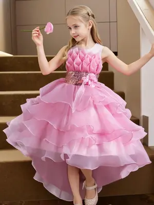 Girl's Contrast Mesh Sequin & Bow Decor Layered High Low Hem Formal Dress, Elegant Floral Design Sleeveless Zipper A Line Dre...