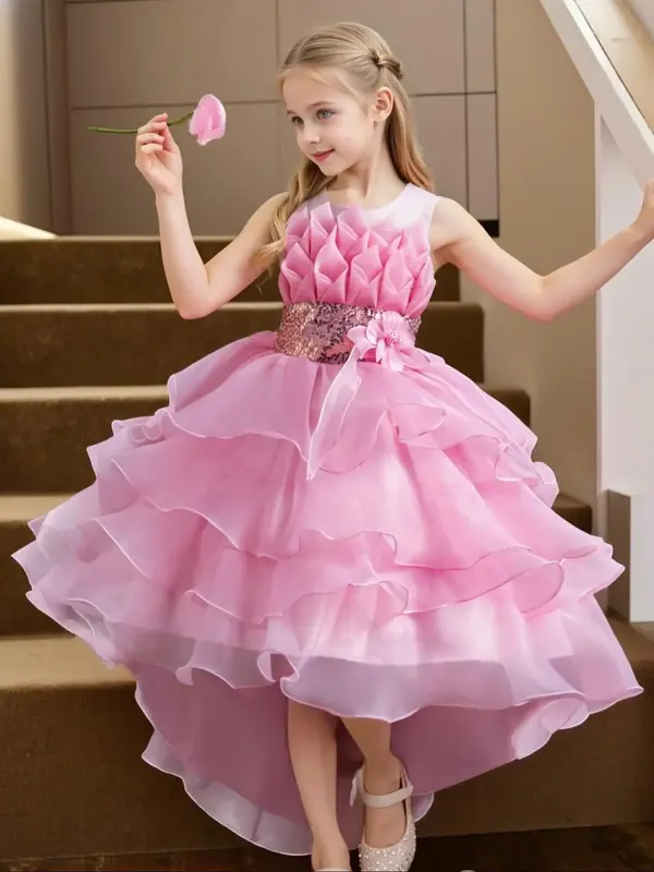 Girl's Contrast Mesh Sequin & Bow Decor Layered High Low Hem Formal Dress, Elegant Floral Design Sleeveless Zipper A Line Dre...