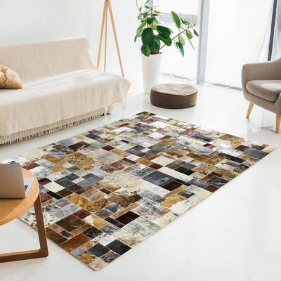 Cowhide with Gold, Bronze & Red Leaf Patchwork Rug