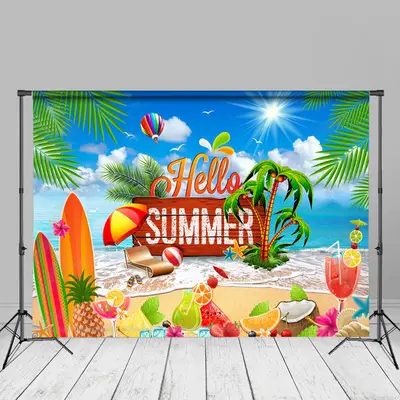Coconut Tree Beach Fruits Hello Summer Backdrop - Aperturee