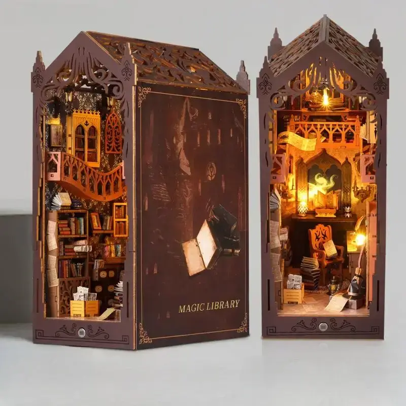 Vintage Style Magic Library Design Wooden DIY Book Stand Model, DIY Micro Building Model with Light Effect, Handmade Gift, Bi...