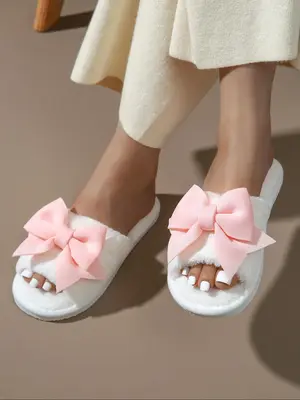 Women's Cute Bowknot Design Plush Fluffy Slippers, Fuzzy Soft Comfy House Slippers for Women & Girls, Warm Home Slippers for ...