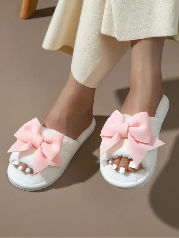 Women's Cute Bowknot Design Plush Fluffy Slippers, Fuzzy Soft Comfy House Slippers for Women & Girls, Warm Home Slippers for ...