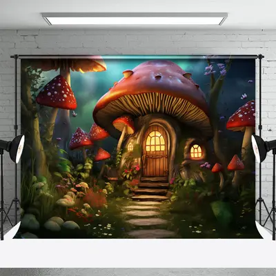 Warm Enchanted Forest Mushroom House Spring Backdrop - Aperturee