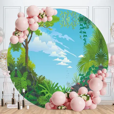 Aperturee Round Forest Blue Sky Happy Birthday Backdrop